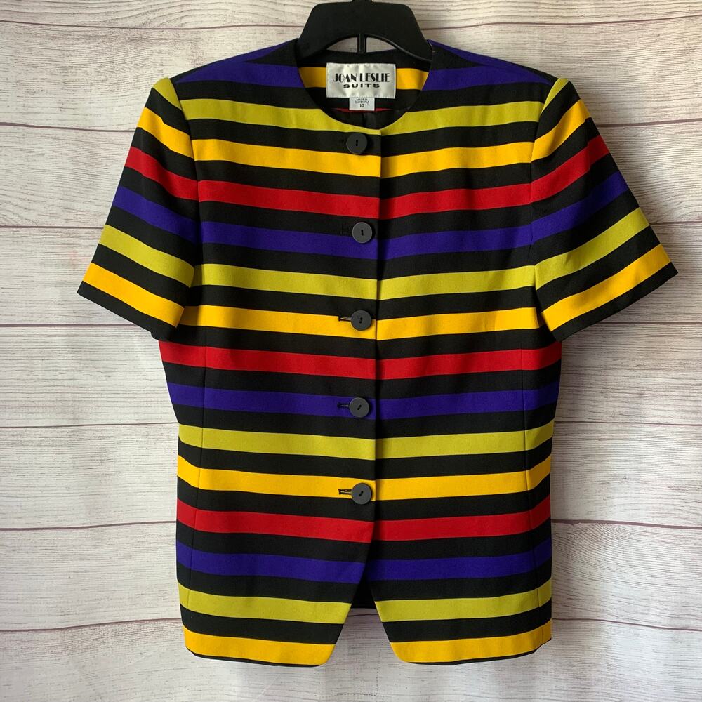 Vintage Joan Leslie Multi-Colored Striped Blouse Jacket Blazer Button Up Size 10
